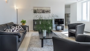 A modern living room with a sofa, a coffee table, a TV, and a fireplace. - Retreat in Beaumont-en-veron (Beaumont-en-Veron)