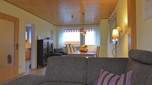 Un soggiorno con un divano grigio, un cuscino a righe, un tavolo da pranzo con sedie, una zona cucina e una finestra con tende.