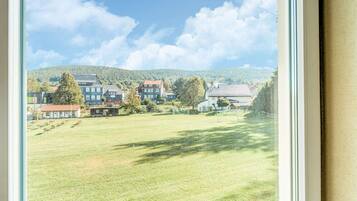 A view of a residential area with houses, a grassy field, and a mountain in the background.