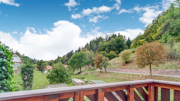 Une terrasse en bois offrant une vue sur un paysage verdoyant, avec des arbres et un bâtiment situé au loin.