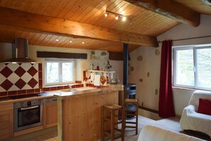A kitchen with wooden cabinets, a built-in oven, a sink, and a stove. - House in Ardeche Near Ray-pic Falls (Saint-Pierre-de-Colombier)