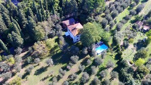 Vista aérea de una casa rodeada de árboles densos, con una piscina visible.