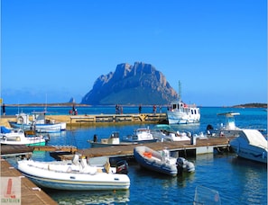 Boats dock at the marina, surrounded by calm waters and a scenic rocky island.