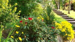 Un jardin où l’on trouve une grande variété de plantes et de fleurs, une clôture en bois et un escalier en pierre qui monte une colline.