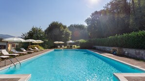 A swimming pool with lounge chairs and umbrellas, surrounded by greenery and a clear sky. - Villa in Mugello Hills With Private Pool (Vicchio)