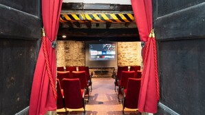 A cinema with red velvet curtains, a stone wall, and a screen displaying a Netflix interface. - Villa in Mugello Hills With Private Pool (Vicchio)