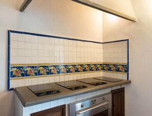 A kitchen with a tiled backsplash, a countertop with two induction cooktops, and a built-in oven. - Villa in Mugello Hills With Private Pool (Vicchio)
