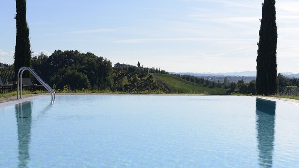 A clear swimming pool with a metal ladder on the left, surrounded by greenery and trees. - Belvilla by OYO Giaggiolo (Cerreto Guidi)