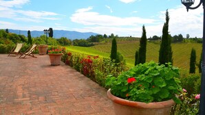 A patio with brick flooring, outdoor seating, potted plants, and a view of vineyards. - Belvilla by OYO Giaggiolo (Cerreto Guidi)