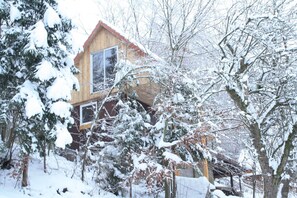 A wooden cabin with a red roof, surrounded by snow-covered trees.