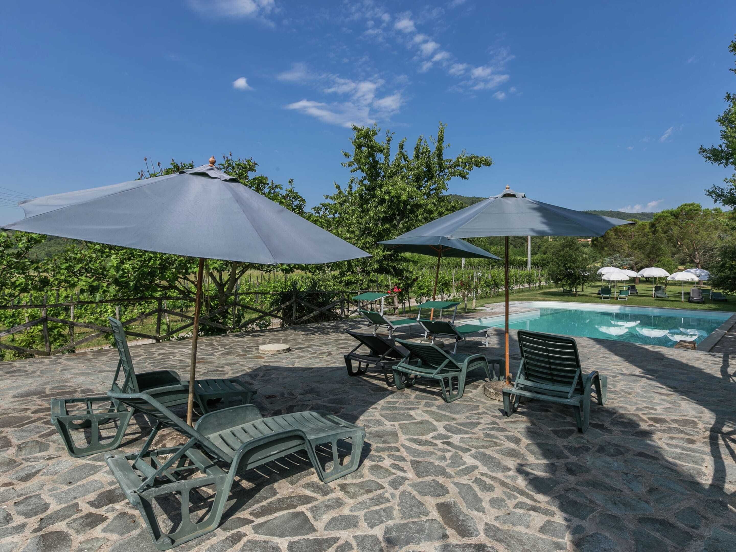 A poolside area with lounge chairs and umbrellas, surrounded by greenery and a clear sky.