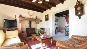 A living room with a sofa, a coffee table, a television, a fireplace, and a clock on the wall. - Holiday Home in Decize Near Beach (Flaine)