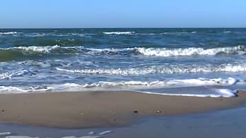 Ein Strand mit brechenden Wellen.