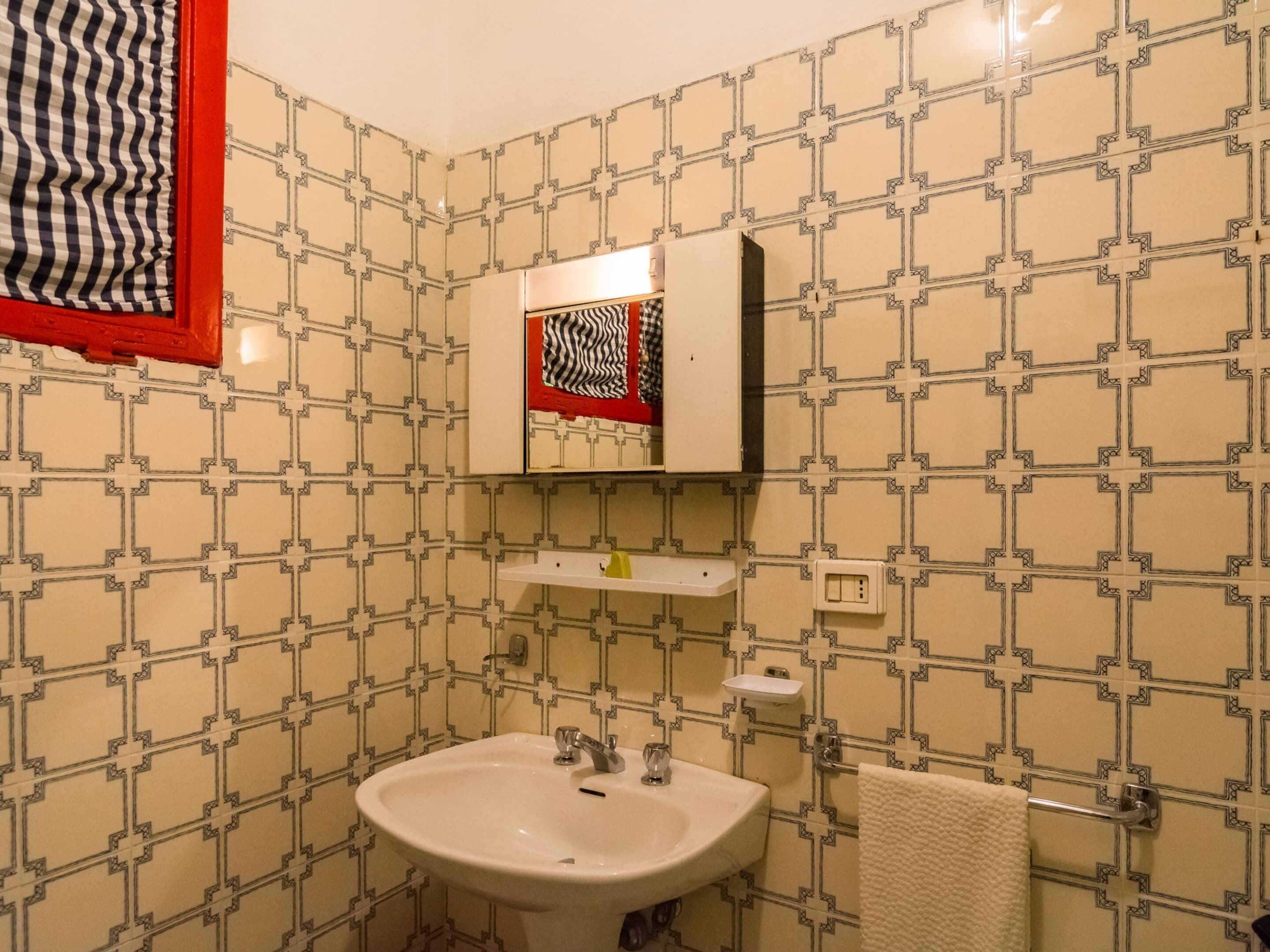 A bathroom with a white sink, a mirror, and patterned tiles.