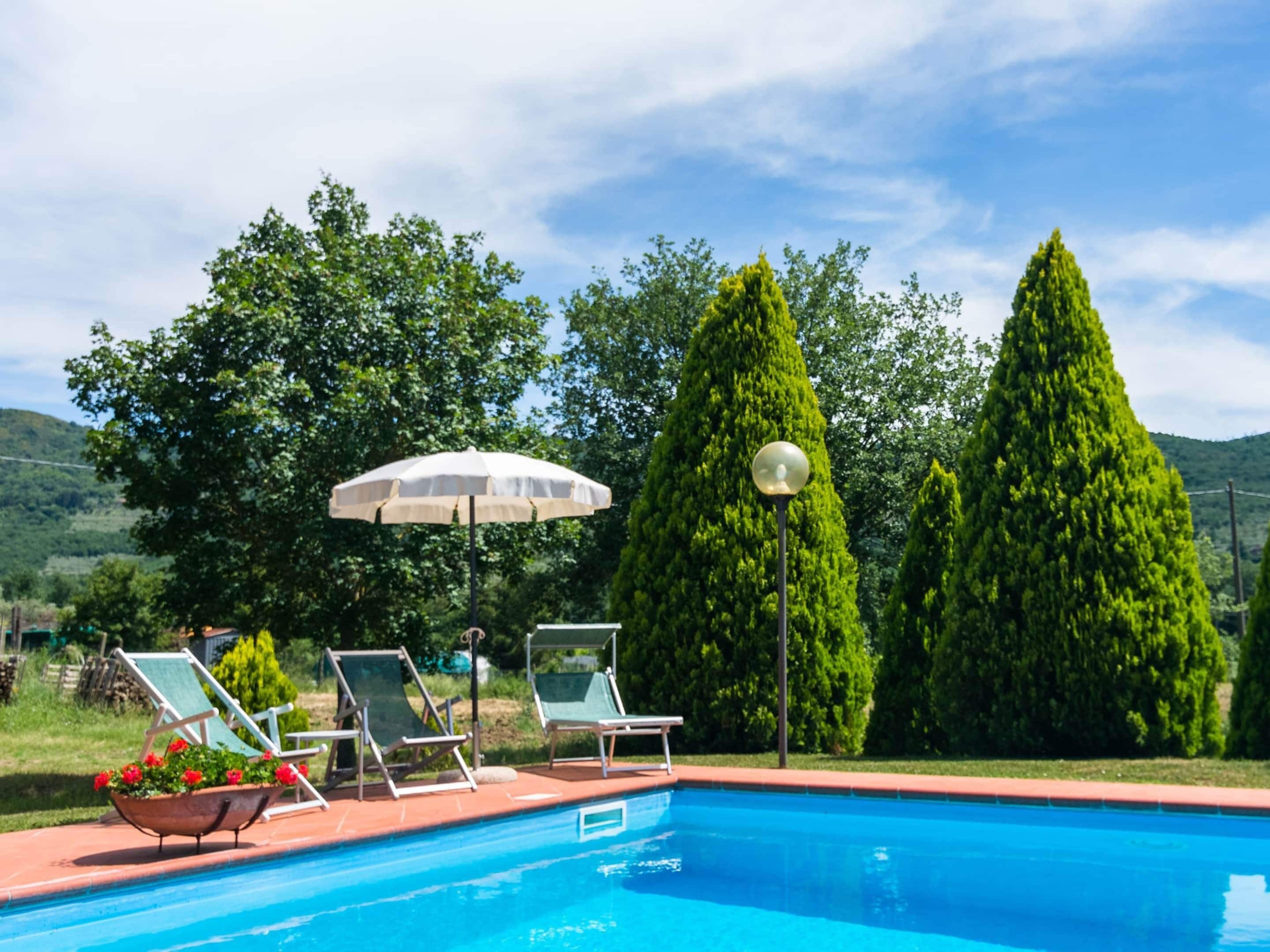 A swimming pool with lounge chairs and an umbrella, surrounded by trees and hills.