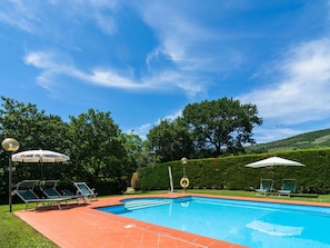 Une piscine entourée de verdure et d’arbres, avec des chaises longues et des parasols.