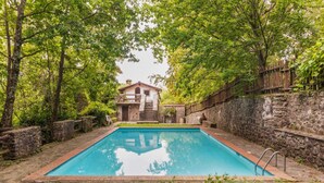 A rectangular swimming pool with a stone border, surrounded by lush greenery and a stone wall. - Vintage Vacation Home (San Marcello Piteglio)
