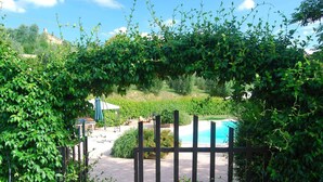 A garden pathway leading to a pool area, surrounded by lush greenery and a wooden fence. - Sunlit Home With Pool (Fucecchio)