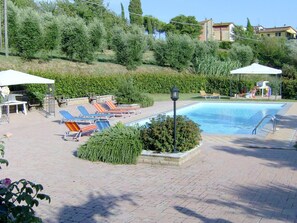 A pool area with lounge chairs and umbrellas, surrounded by greenery and a hilly backdrop. - Sunlit Home With Pool (Fucecchio)