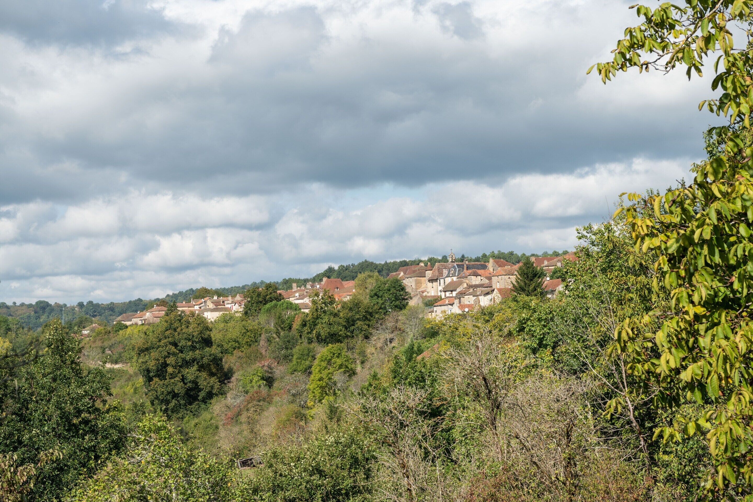 Ein Dorf an einem Hang mit traditionellen Häusern, dichtem Grün und bewölktem Himmel.
