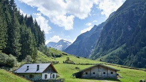 A rural landscape with two stone buildings, one with a sloped roof and another with a flat roof, surrounded by lush green fields and mountains in the background. - Rustic Mansion in Mittersill near Kirchberg Ski Area (Mittersill)