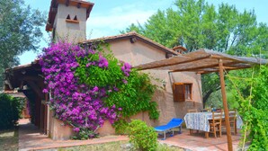 Una casa rústica con chimenea de piedra, un porche cubierto con mesa y sillas, y coloridas flores de buganvilla moradas.