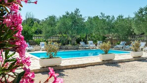 A pool area with lounge chairs and potted plants. - Holiday Home Bibinje Near the Sea (Bibinje)