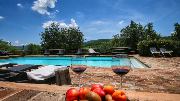 Une vue sur la piscine, avec des chaises longues, un saladier de fruits et deux verres de vin rouge.