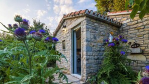 A stone cottage with a door, surrounded by lush greenery and purple flowers. - Holiday Home Near Adriatic Sea and Krka Falls (Benkovac)