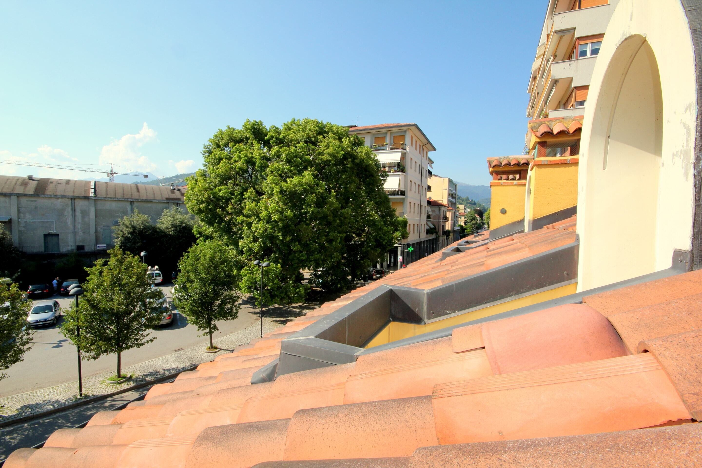 A view of a building with a sloped roof, a tree in the foreground, and a street with parked cars.