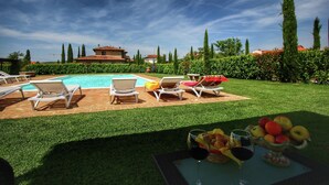 Zona junto a la piscina con sillones de descanso, una mesa con fruta y copas de vino, y vistas a una villa y jardín.