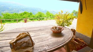 Une table en bois, sur laquelle se trouve un panier de fruits et un sac en filet, est placée sur une terrasse offrant une vue sur des collines verdoyantes.