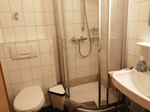 Ein Badezimmer mit Toilette, Dusche und Waschbecken.