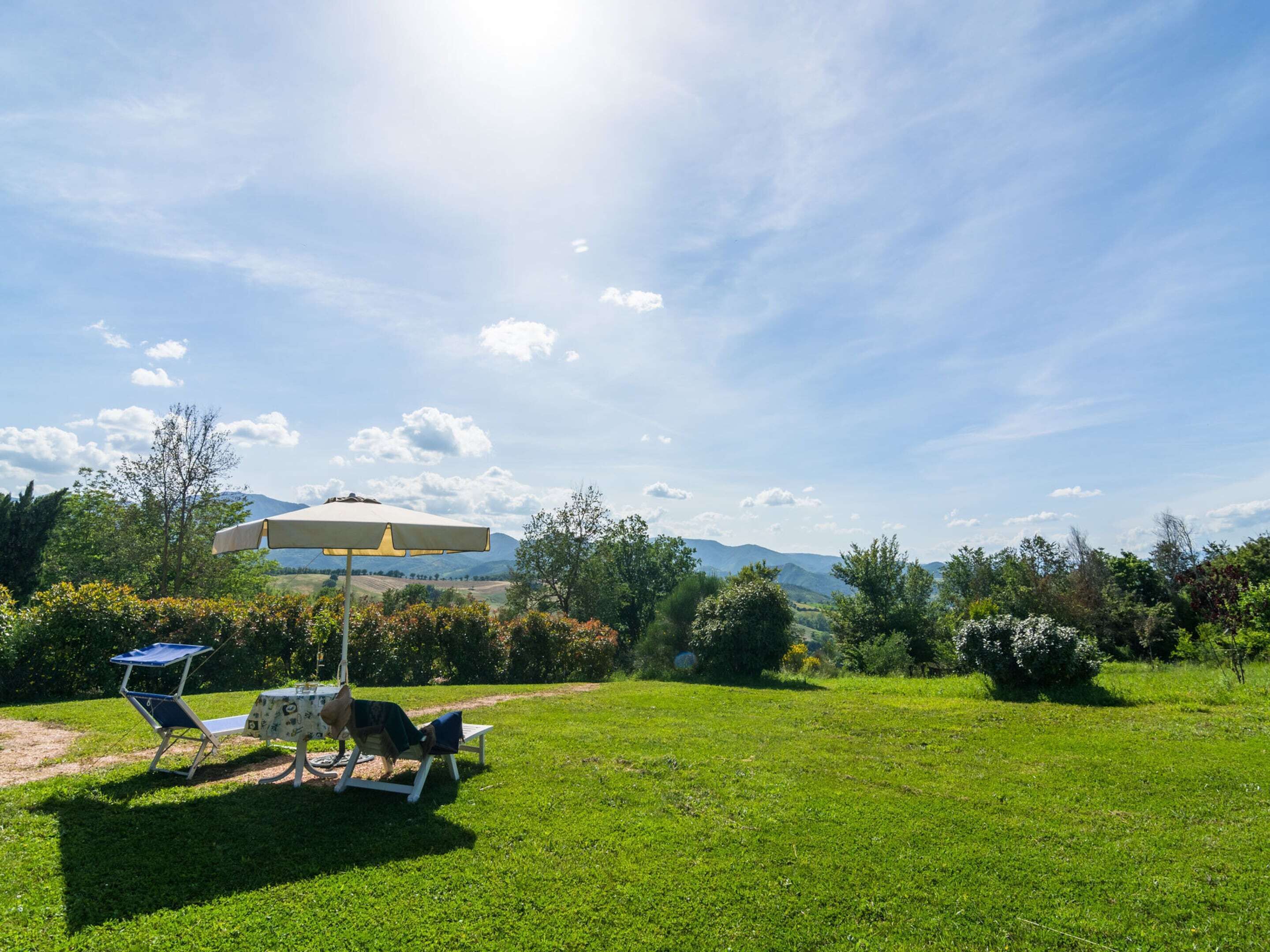 A grassy outdoor area with a table and chairs under a canopy, surrounded by trees and a mountain in the background.