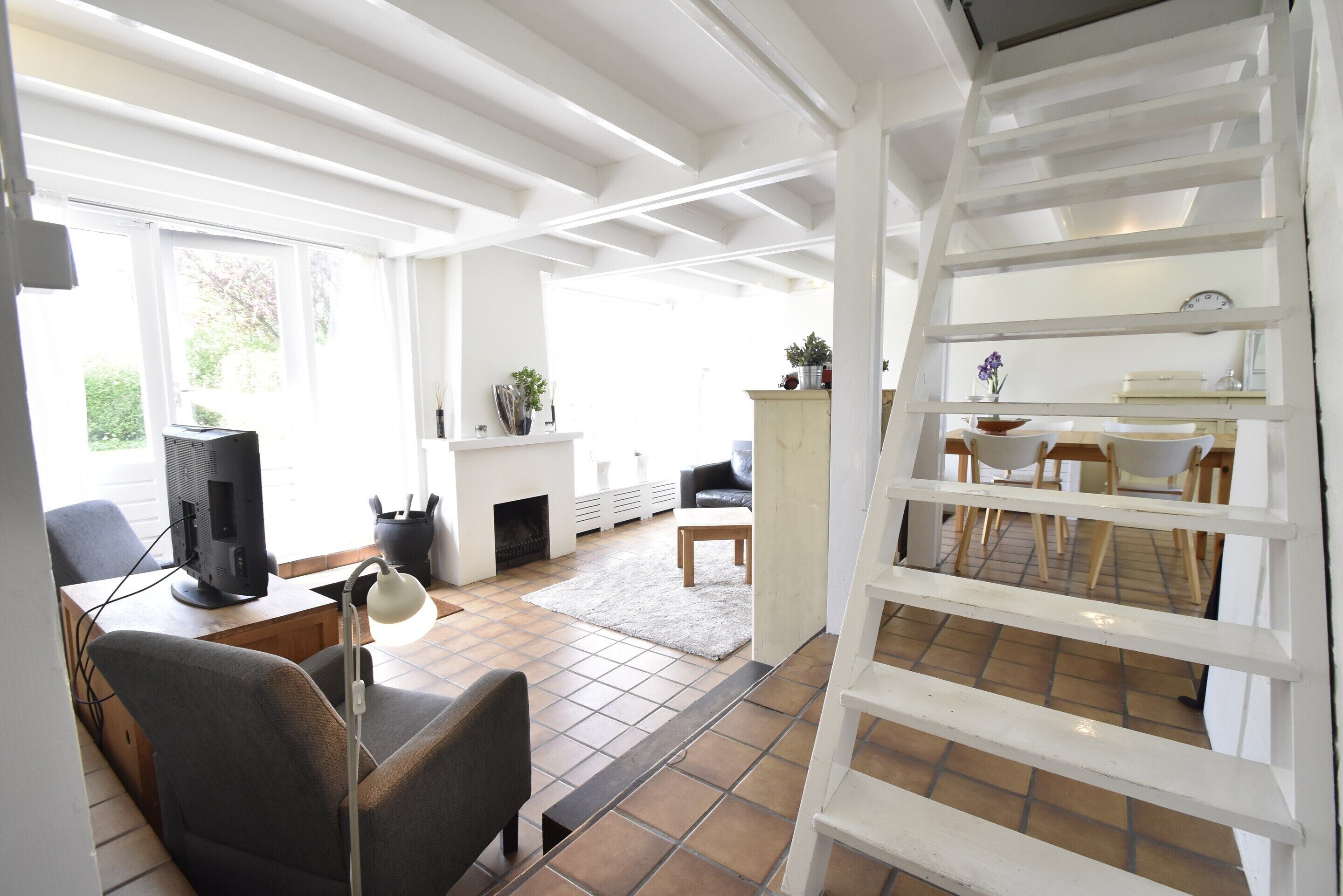 A living room with a fireplace, a dining area with a table and chairs, and a white ladder in the corner.