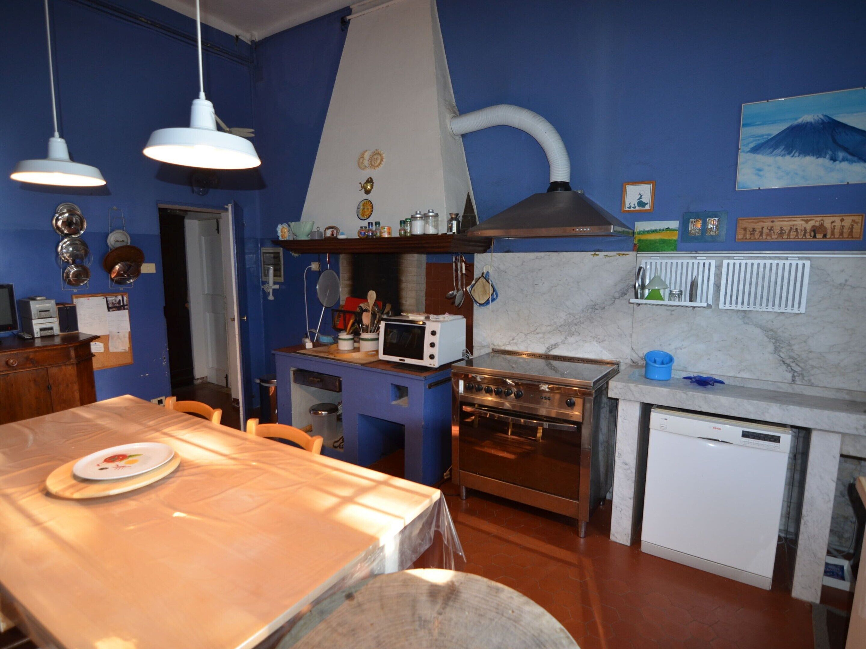 Une cuisine compacte équipée d’une cuisinière, d’un four à micro-ondes et d’un lave-vaisselle. On y trouve une table à manger avec des chaises et une assiette de nourriture. Les murs sont peints en bleu, et diverses ustensiles de cuisine et décorations sont disposés sur les étagères.