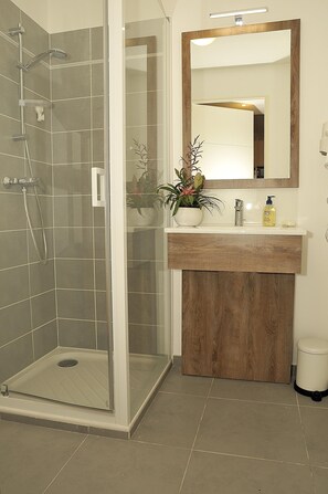 Dusche, Haartrockner, Handtücher, Seife