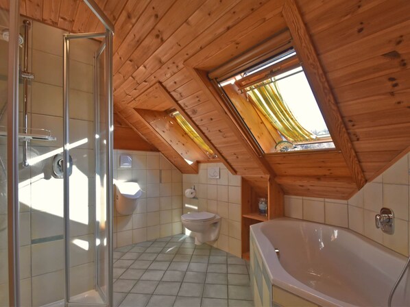 A bathroom with a skylight, a shower, a toilet, and a bathtub.