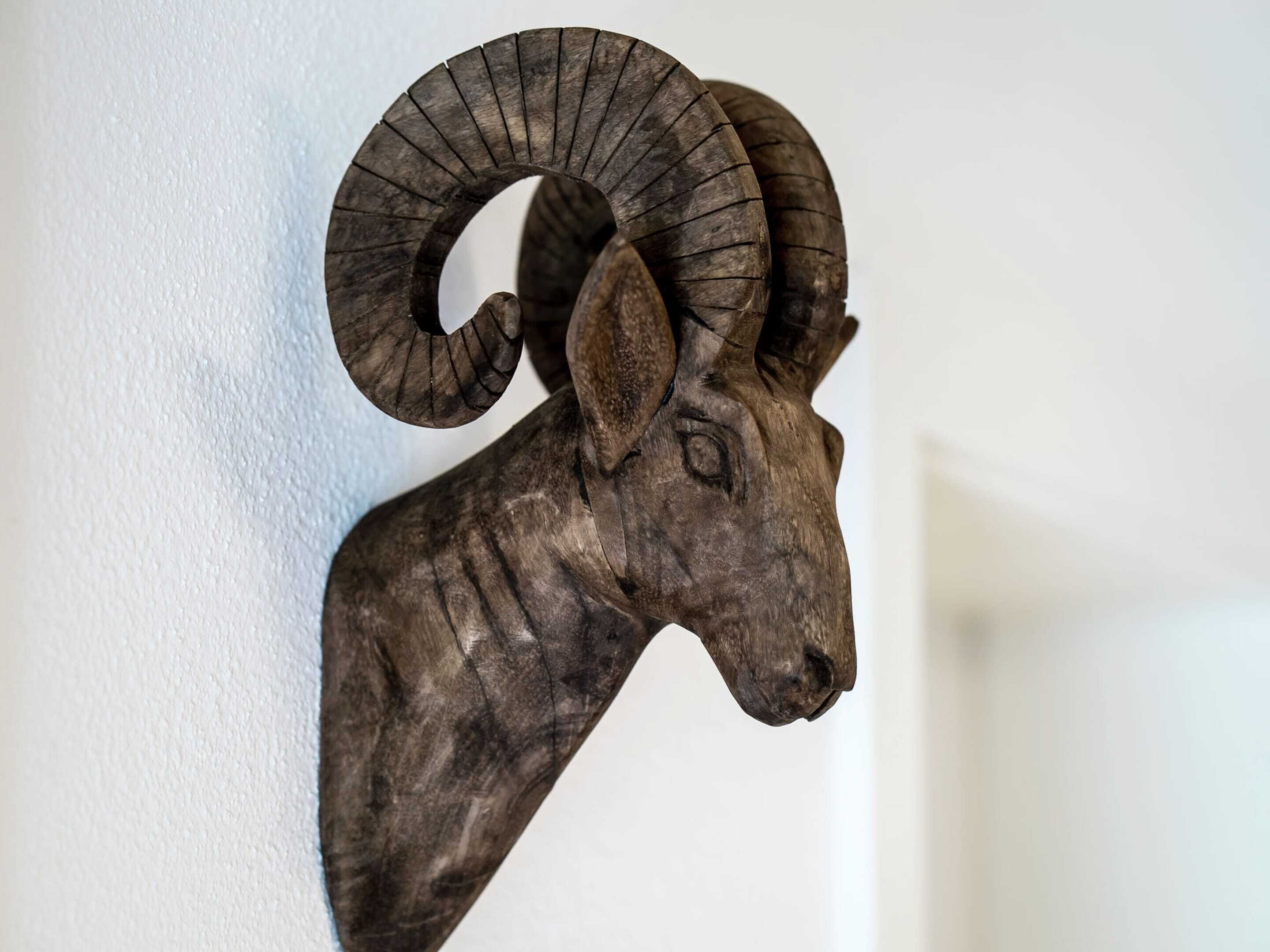 A ram head sculpture mounted on a wall.