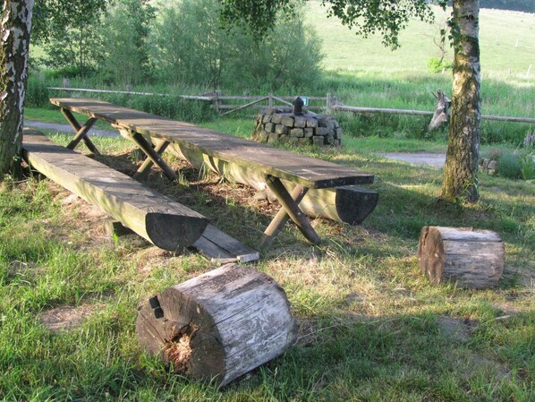 Enjoy a serene picnic amidst lush greenery and rustic charm.