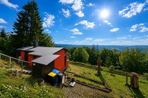 Une cabane rouge avec un toit en métal, entourée d’une clôture en bois et de verdure, qui offre une vue sur un paysage montagneux.