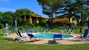 A pool area with lounge chairs and umbrellas, surrounded by greenery and buildings. - Restful Farmhouse with Pool near Forest in Vinci (Vinci)