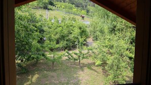A view from a balcony with a wooden railing, overlooking a lush garden with various trees and a small structure in the distance. - Holiday Home in Caldes Near Ski Lift (Caldes)