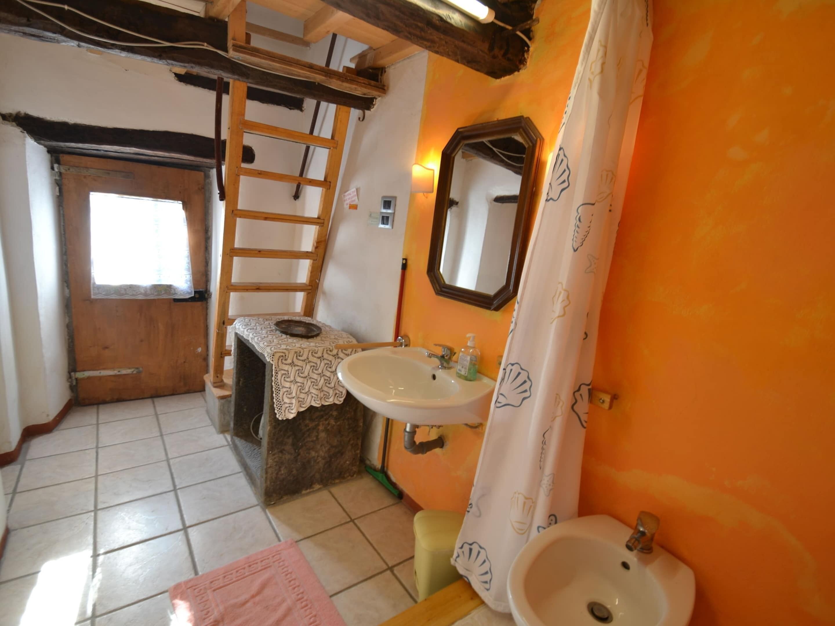 A bathroom with a wooden ladder, a sink, a mirror, and a shower curtain.
