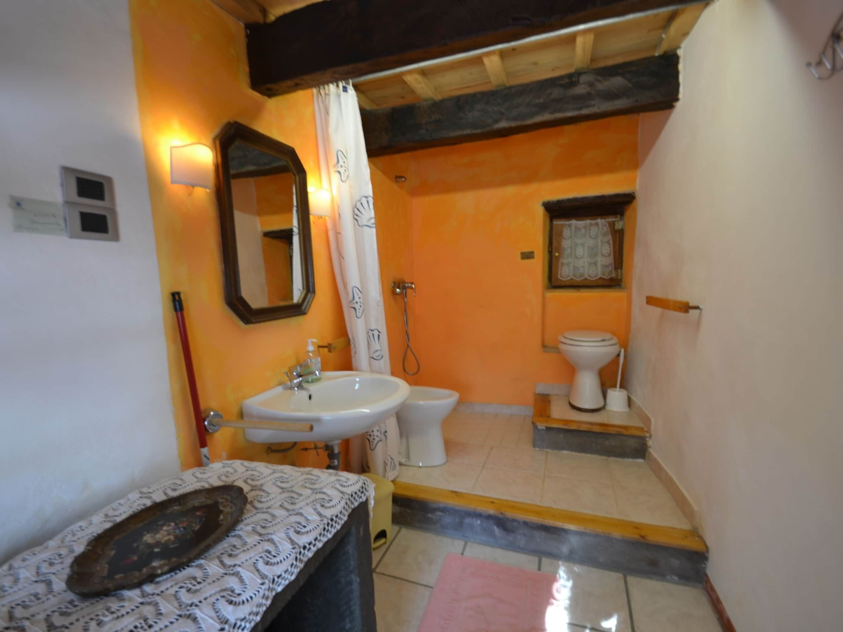 A bathroom with a sink, toilet, and shower.