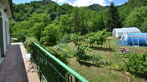 A balcony with a view of a vineyard, a greenhouse, and a swimming pool.