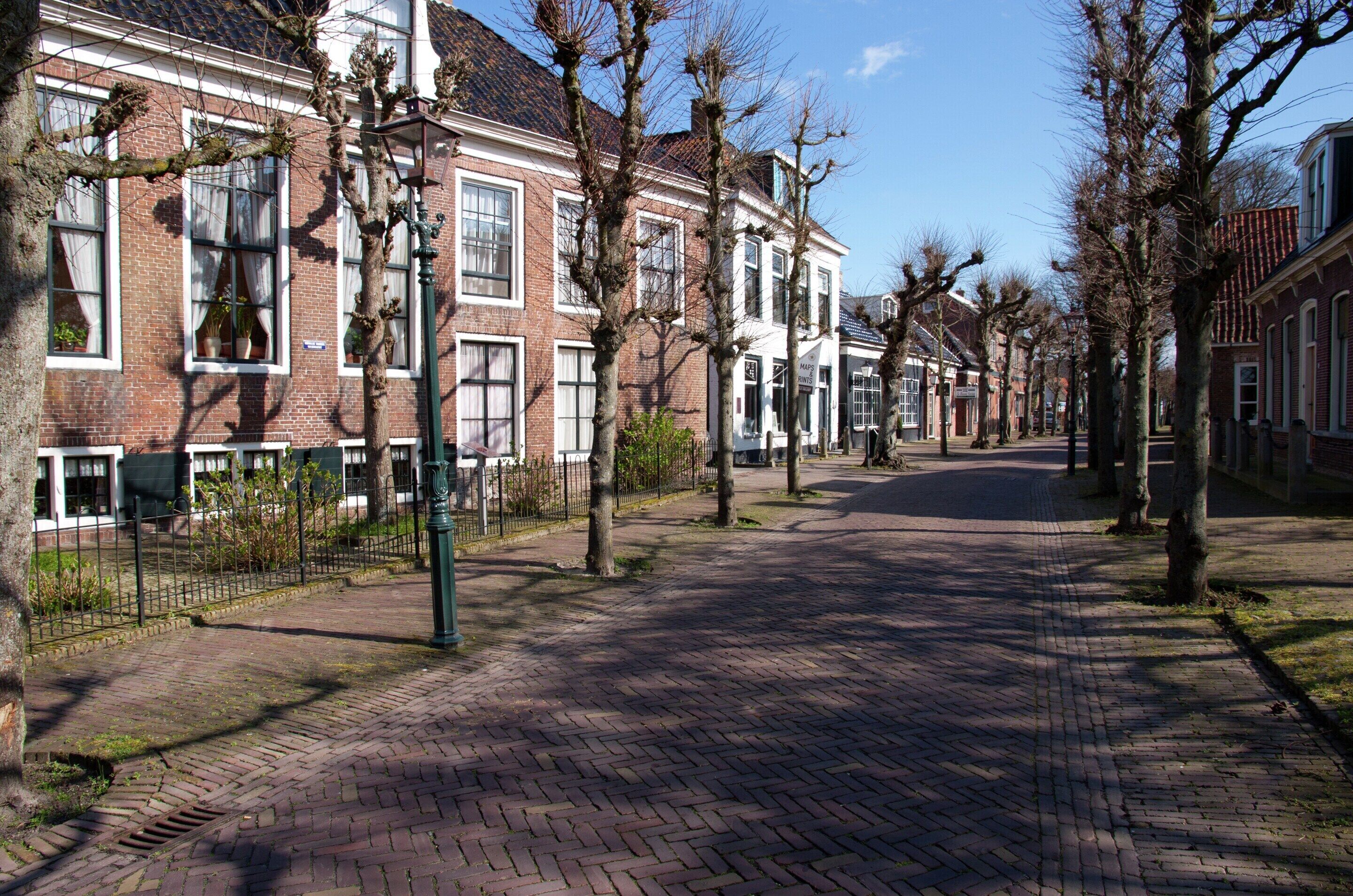 Une rue bordée de maisons traditionnelles en briques, un trottoir pavé et des arbres sans feuilles.