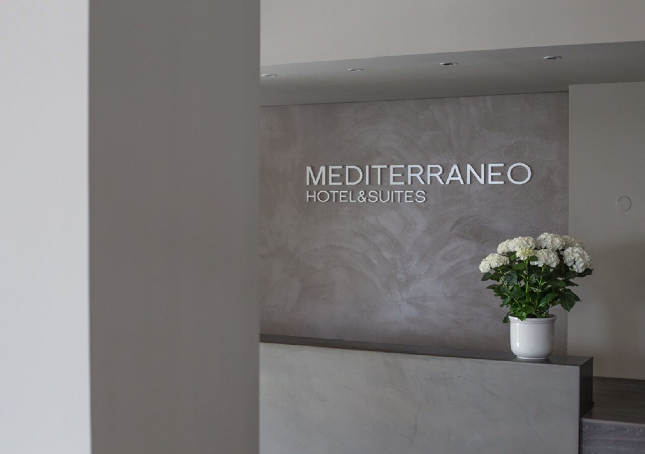 A reception desk with a sign reading "Mediterraneo Hotel & Suites" and a potted plant with white flowers.