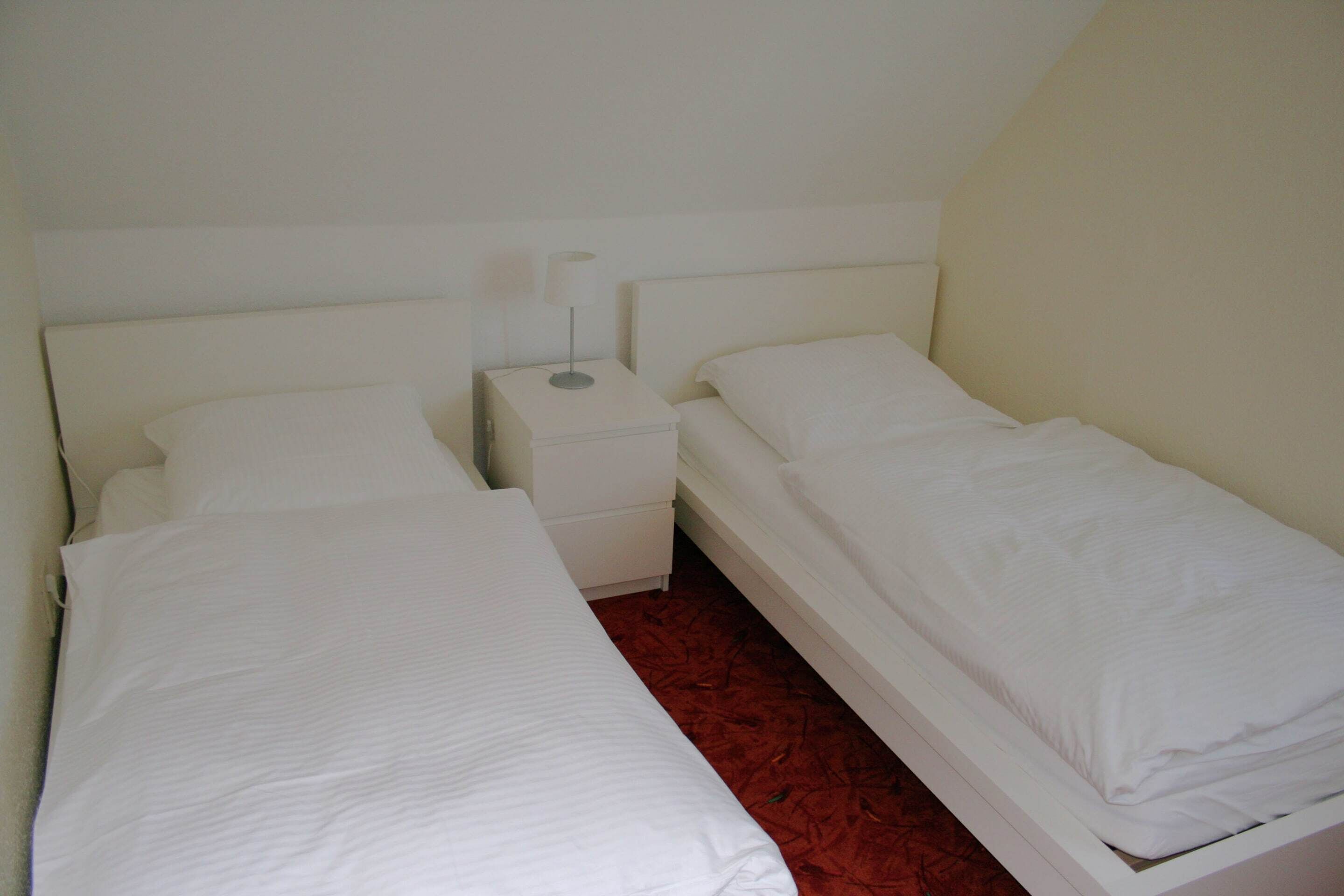 Una habitación pequeña y limpia con dos camas individuales, una mesita de noche con lámpara y alfombra roja.