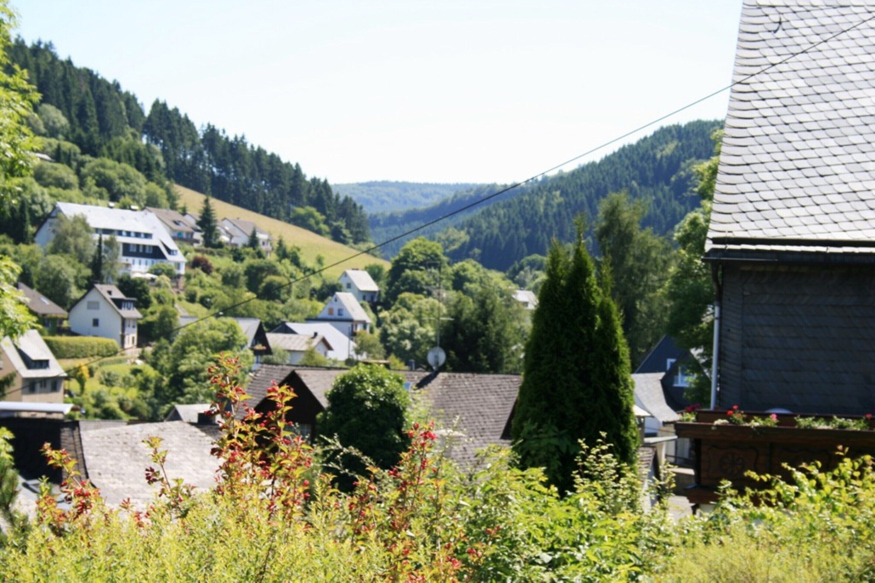 A rural village with houses, a church, and a hill in the background.
